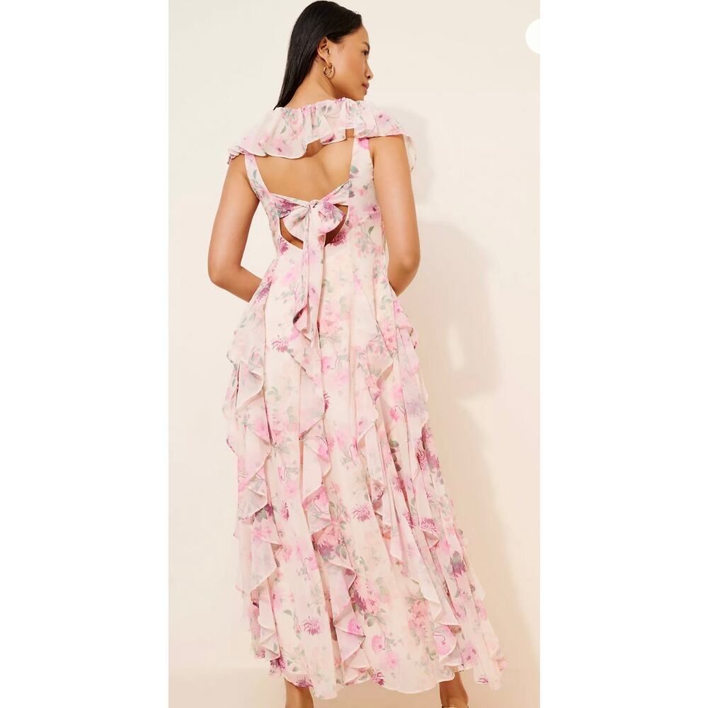 BHLDN Anthropologie Chiffon Maxi Dress Pink Floral Ruffle Bow Back Womens S - Picture 6 of 7